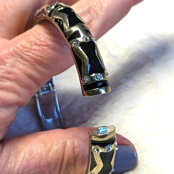 Vintage Sequin Brand Black and Gold Enameled Hinged Bracelet w/ Rhinestones - Picture 7 of 9